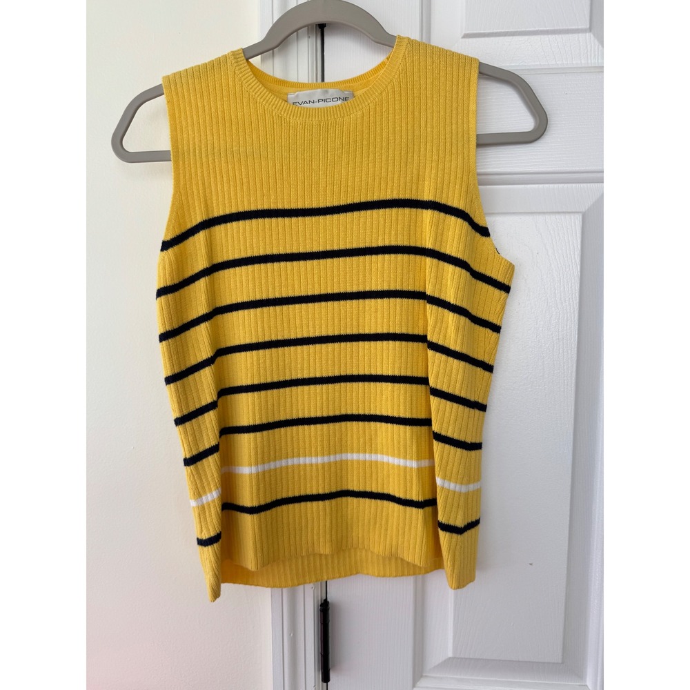 Evan-Picone Womens Yellow Striped Knit Shell Sleeveless Cotton Sweater Top M‎